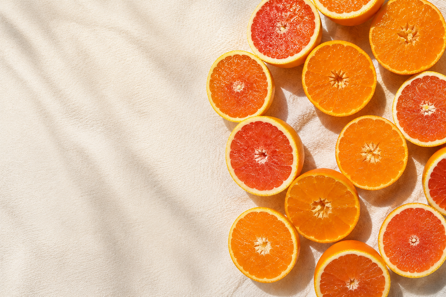 Fresh oranges and grapefruit arranged on a cream surface